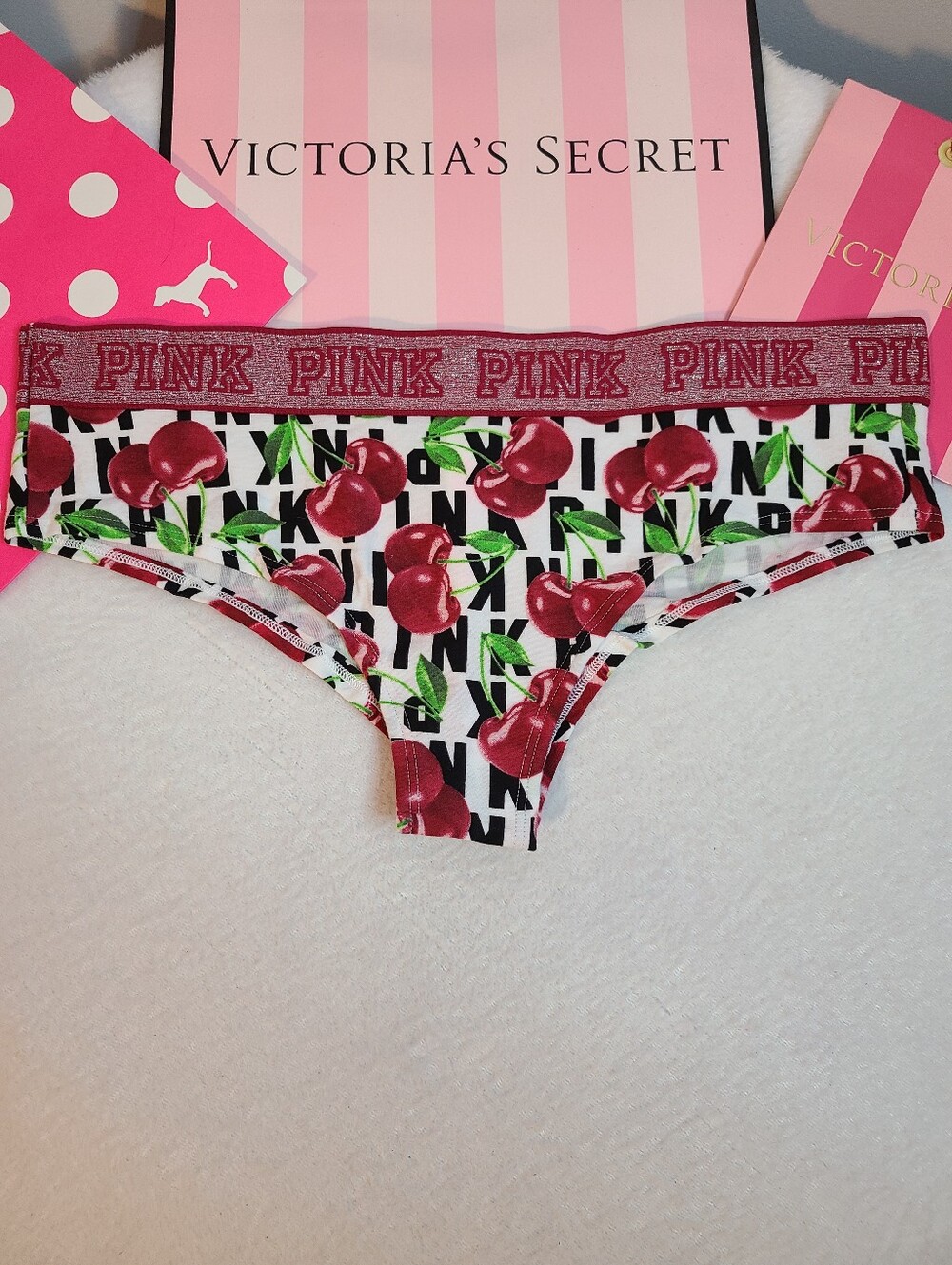 Retired VS PINK Sparkle Logo Band Cotton Cheekster Panty Size Lg Cherry